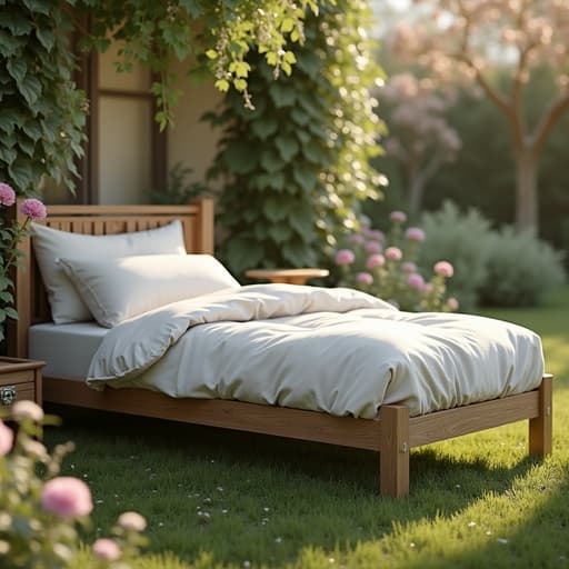 싱글 침대, 아침 이슬이 맺힌 정원, 차분하고 평화롭고 초대하는