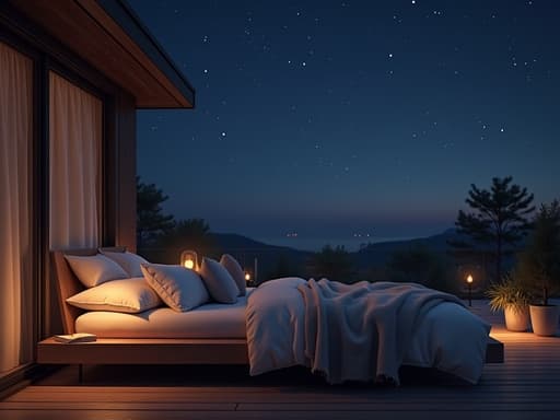 싱글 침대, 가구, 밤하늘의 별이 보이는 테라스, 나무 데크, 고요한 분위기