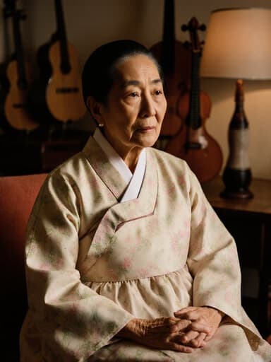 따뜻한 조명과 전통 악기로 둘러싸인 아늑한 거실에 앉아 깊은 생각에 잠긴 80대 혼혈 여성의 반신 사진입니다. 그녀는 부드러운 색상의 패턴이 있는 전통 한복을 입고 있습니다.