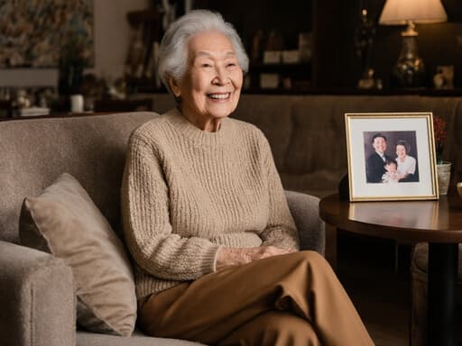 아늑한 카페 소파에 크로스 레그로 앉아 가족 사진을 바라보며 따뜻한 미소를 짓고 있는 80대 아시아계 여성의 모습. 편안한 니트 스웨터와 따뜻한 색상의 슬랙스를 착용한 그녀는 가족 전통의 소중함을 느끼며 행복한 감정을 표현하고 있습니다. 아늑한 카페의 따뜻한 조명이 이 장면을 더욱 친밀하게 만들어 줍니다.