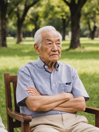 80대의 동양인 남성의 반신 상으로, 자연스러운 외모를 보여줍니다. 편안한 체크 무늬 셔츠와 베이지색 바지를 착용하고, 나무 의자에 팔짱을 낀 채 조용히 앉아 가족의 이야기를 듣고 있으며, 지루한 표정을 짓고 있습니다. 배경은 푸르른 공원과 나무들로 이루어져 있어, 남성의 태도와 조화를 이루는 평화롭고 매력적인 분위기를 만들어냅니다.