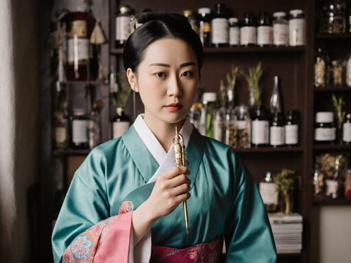 이 이미지는 30대 동양인 여성 모델이 전통 한복을 입고, 한의 진단 도구를 들고 있는 모습입니다. 전통 한의원 내부에서 차분하고 진지한 표정을 지으며, 정돈된 한방 약재와 치료 도구들 사이에서 전통 치유의 본질을 담고 있습니다.