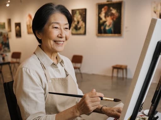 60대 동양인 여성의 반신 사진으로, 편안한 작업복과 앞치마를 착용하고 의자에 앉아 붓을 들고 캔버스를 바라보며 작업에 몰두하고 있는 모습입니다. 배경에는 다양한 작품이 걸린 아늑한 미술 갤러리가 있어 그녀의 예술에 대한 헌신을 강조합니다.
