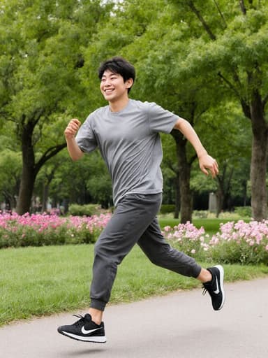편안한 운동복과 스니커즈를 착용한 10대 후반의 아시아계 남성이 푸른 나무와 꽃이 있는 공원에서 즐겁게 춤추고 있습니다. 그는 친근한 미소를 지으며 자유롭게 움직이는 모습이 행복과 자유로움을 전달합니다.
