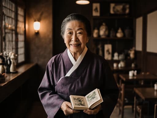 이 이미지는 80대의 아시아계 여성으로, 화려한 전통 한복을 입고 아늑한 카페에서 느긋하게 걷고 있는 모습입니다. 그녀는 작은 전통 이야기가 담긴 책을 들고 있으며, 자연스러운 미소가 지혜와 삶의 경험을 드러냅니다. 따뜻한 조명과 전통 소품들이 배치된 카페의 분위기가 아늑함을 더합니다.