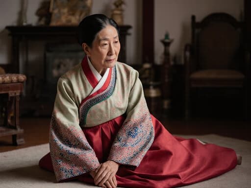 80대 아시아계 여성이 전통적인 한복을 입고 거실 바닥에 앉아 스트레칭을 하는 모습의 반신 촬영. 걱정스러운 표정을 짓고 있으며, 배경은 전통적인 한국 소품이 있는 아늑한 거실로, 그녀의 문화적 의상과 감정을 강조하는 따뜻한 분위기를 자아냅니다.