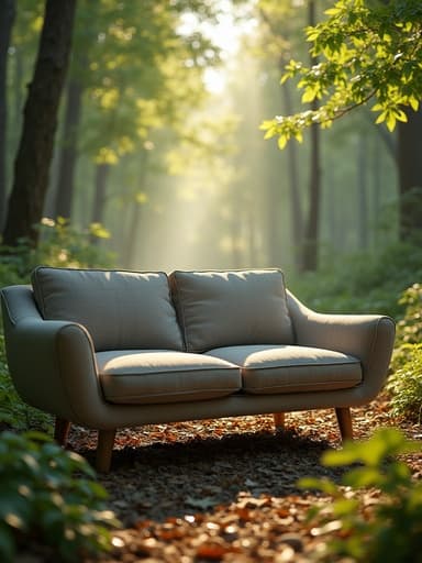 소파, 아침 이슬이 잎에 맺혀 있고, 나무 사이로 비치는 점점이 있는 햇빛, 고요한 분위기