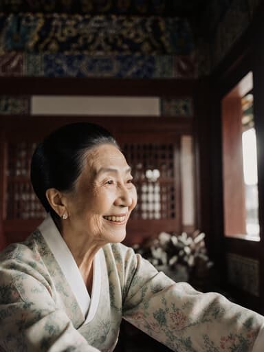 80대 백인 여성이 전통적인 한복을 착용하고, 고풍스러운 카페의 전통 건축을 감상하며 편안하게 스트레칭하는 모습을 담은 반신 촬영입니다. 따뜻한 미소는 평화롭고 기쁜 순간을 반영하며, 부드럽고 자연스러운 조명이 전체적인 따뜻함을 더합니다.