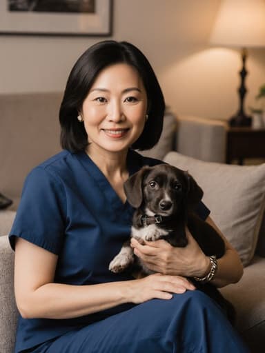 이 이미지는 40대의 자신감 있는 아시아 여성이 세련된 액세서리와 함께 스타일리시한 스크럽 복을 입고 있는 모습을 보여줍니다. 그녀는 아늑한 거실에 쪼그려 앉아 있으며, 작은 강아지를 부드럽게 안고 있습니다. 따뜻한 장식으로 둘러싸인 이 공간은 동물 돌보기에 적합한 환경을 잘 나타냅니다.
