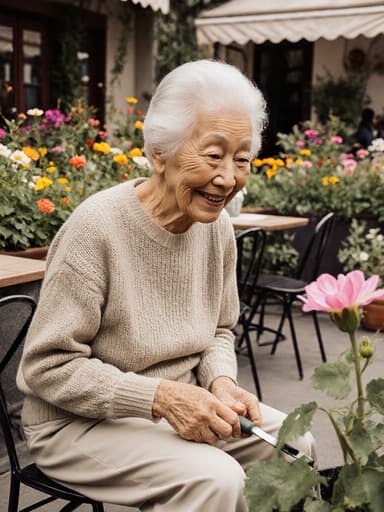 편안한 니트 스웨터와 면 바지를 입은 80세 동양인 여성이 친근한 미소를 지으며 카페 테라스에 앉아 있습니다. 그녀는 정원 가꾸기 도구를 손에 들고 아름다운 정원 속 꽃들을 바라보며 따뜻한 감정과 자연과의 연결을 표현하고 있습니다.