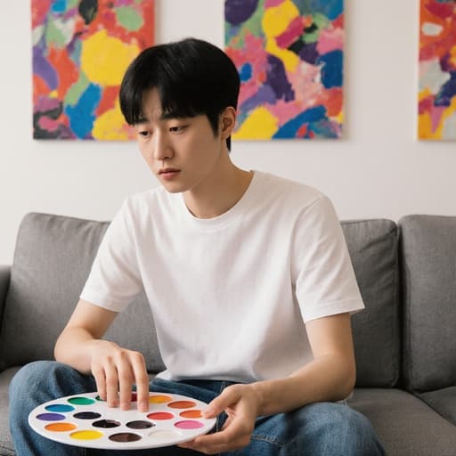 자연스러운 외모를 가진 10대 후반의 동양인 남성이 현대적인 갤러리의 소파에 앉아 있습니다. 편안한 티셔츠와 청바지를 입고 지루한 표정을 지으며 물감이 섞인 팔레트를 손가락으로 살짝 터치하며 뒤에 걸린 다채로운 추상화들을 바라보고 있습니다.