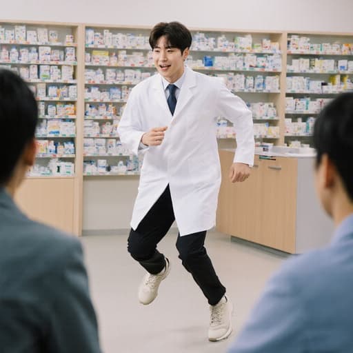 흰색 약사 가운과 운동화를 착용한 한국인 남성 약사가 상담 공간에서 고객을 향해 달려가는 모습이 반신 샷으로 묘사됩니다. 배경은 다양한 약품과 건강 관련 자료가 진열된 선반으로 구성되어 있으며, 그의 열정적이고 적극적인 태도를 강조하는 따뜻한 분위기를 만들어냅니다.