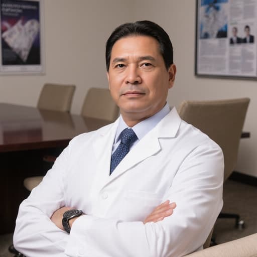40대 혼혈 남성이 의사 가운을 입고 흰색 셔츠와 넥타이를 착용한 반신 사진입니다. 그는 자연스러운 외모를 가지고 있으며, 소파에 앉아 팔짱을 끼고 진지한 무표정을 짓고 있습니다. 배경은 큰 테이블과 의자들이 있는 회의실로, 벽에는 의료 관련 포스터가 걸려 있어 전문적인 분위기를 연출하고 있습니다.