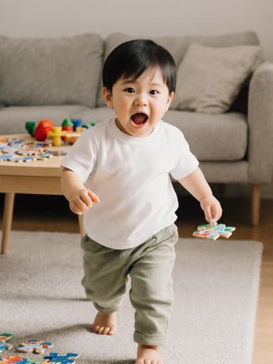 아기자기한 외모의 1세 한국 남아의 전신 샷으로, 편안한 티셔츠와 아기용 바지를 입고 있습니다. 그는 퍼즐 조각을 들고 배고픈 표정을 지으며 입을 벌린 채 아늑한 거실을 걷고 있습니다. 배경에는 퍼즐과 여러 장난감이 놓인 테이블이 있어 따뜻하고 초대하는 분위기를 자아냅니다.