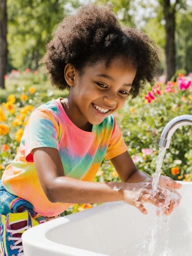 7세 흑인 여아가 자연스러운 외모로 비누와 물로 손을 씻고 있는 활기찬 반신 사진, 밝은 티셔츠와 반바지를 입고 있으며, 화사한 공원을 배경으로 하고 있습니다.