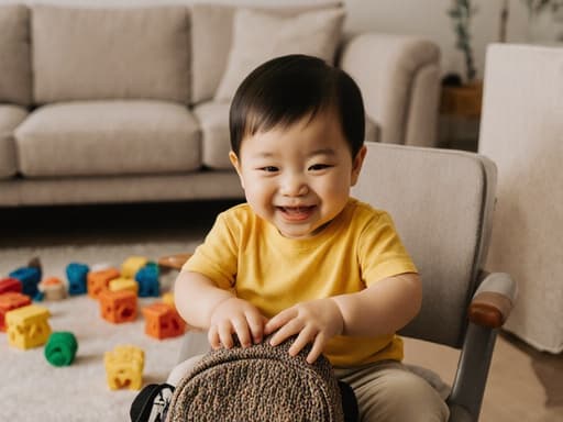 귀여운 1세 남자 아기, 동양인이 편안한 거실에 앉아 있는 반신 사진을 담고 있습니다. 그는 밝은 색상의 티셔츠와 편안한 바지를 입고 있으며, 가방을 가지고 놀면서 즐거운 표정을 짓고 있습니다. 배경은 장난감이 바닥에 흩어져 있고 소파가 보이는 따뜻한 거실로, 장난스럽고 매력적인 분위기를 더합니다.
