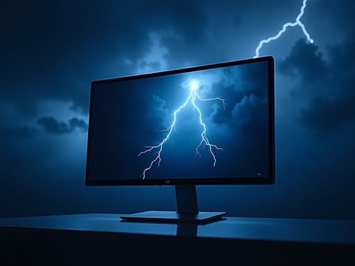 번개에 비친 세련된 컴퓨터 모니터와 극적인 밤하늘