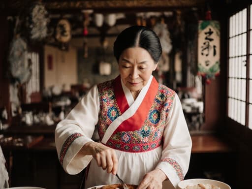 아늑한 카페에서 전통 한복을 입고 재료를 준비하는 70대 아시아계 여성의 모습으로, 요리를 즐기며 여유로운 표정을 짓고 있는 모습이 따뜻하고 전통적인 장식으로 둘러싸여 있습니다.