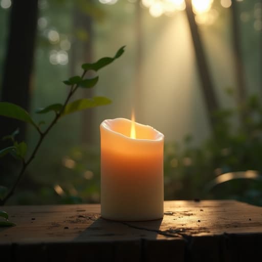 촛불, 이른 아침의 안개 낀 숲, 평화롭고 고요한