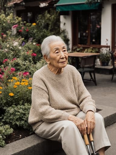 80대 동양인 여성의 반신 사진으로, 자연스러운 외모를 지닌 할머니가 편안한 니트 스웨터와 면 바지를 입고 있습니다. 그녀는 지루한 표정을 짓고 무릎 위에 손을 올려놓고 바닥에 앉아 정원 도구를 들고 있습니다. 배경은 아름답게 꾸며진 정원의 한쪽 구석으로, 작은 카페가 멀리 보이며 평화로운 분위기를 연출합니다.