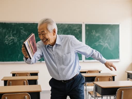 60대 동양인 남성이 편안한 셔츠와 바지를 입고 교과서를 들고 스트레칭하는 모습의 반신 샷, 밝은 교실에서 학습에 대한 열정을 보여줍니다.