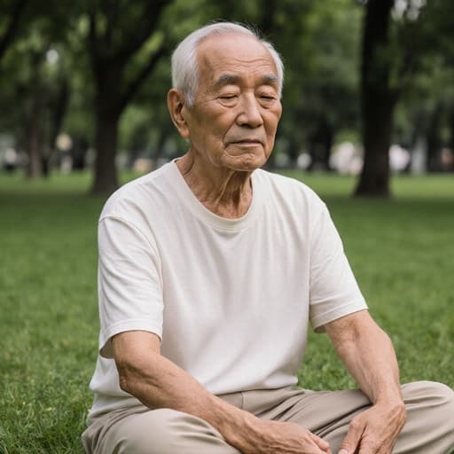 70대 동양인 남성이 편안한 면 티셔츠와 바지를 입고, 조용한 공원의 잔디 위에 평화롭게 앉아 있습니다. 그의 지혜로운 표정은 피곤함과 함께 내면의 평화를 찾으려는 모습을 반영하며, 두 손을 무릎에 올려 놓고 명상에 들어가려는 자세를 취하고 있습니다. 주변에는 푸른 잔디와 나무가 있어 고요한 분위기를 자아냅니다.