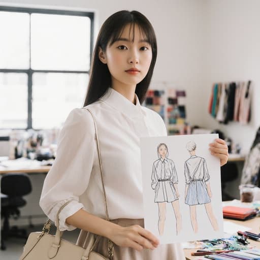 밝은 작업실에서 자신감 있게 포즈를 취하고 있는 10대 초반의 동양인 소녀가 세련된 블라우스와 스커트를 입고, 스타일리시한 가방을 메고 있습니다. 그녀는 디자인 스케치를 들고 있으며, 디자인 도구들로 가득한 작업공간에서 우아함과 창의력을 발산하고 있습니다.