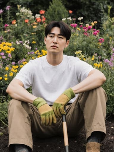 이미지에는 30대 한국인 남성이 편안한 작업복과 장갑을 착용하고 정원 도구를 손에 쥐고 앉아 고민하는 모습이 담겨 있습니다. 그는 아름다운 정원에 둘러싸여 있으며, 조용하고 사색적인 분위기를 반영하고 있습니다.