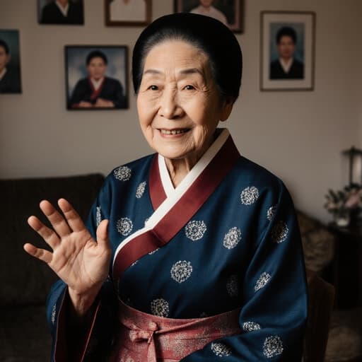 80대 동양인 여성이 전통 한복을 입고 미소를 지으며 가족을 향해 인사하는 모습의 반신 촬영. 아늑한 거실 배경에는 가족 사진이 걸려 있어 따뜻함과 유대감을 느낄 수 있는 장면입니다.