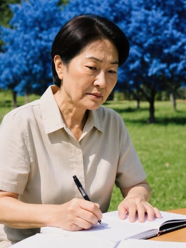 40대 아시아계 여성의 반신 사진으로, 자연스러운 외모와 편안한 캐주얼 의상을 착용하고 있습니다. 그녀는 노트를 작성하며 펜을 잡고 집중하는 모습으로 약간 찡그린 표정을 짓고 있습니다. 배경은 푸른 나무와 잔디로 둘러싸인 평화로운 야외 환경을 보여주며, 전체적인 분위기를 더욱 아늑하게 합니다.