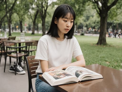 조용한 공원에 위치한 카페 테라스에 앉아 있는 10대 초반 아시아계 소녀의 반신 샷. 그녀는 간편한 티셔츠와 청바지를 입고 있으며, 테이블 위에 놓인 동물 치료 관련 서적을 집중해서 바라보고 있다. 무표정하지만 약간의 집중력을 보이며, 주변의 나무와 잔디가 평화로운 분위기를 더하고 있다.
