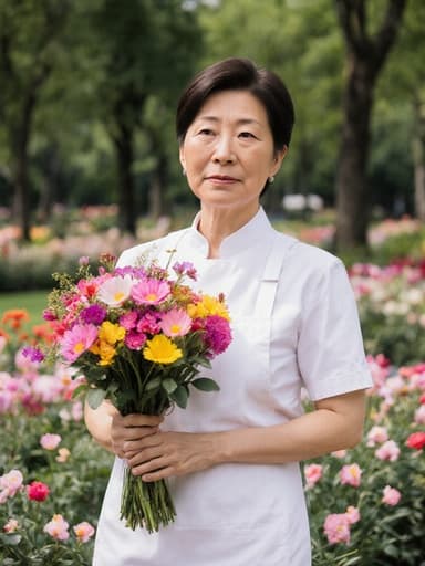꽃가게 작업복과 앞치마를 입고 꽃다발을 들고 한 발을 앞으로 내디디며 걱정스러운 표정을 짓고 있는 50대 동양인 여성의 반신 사진. 아름다운 꽃들로 가득한 공원에서 촬영되었습니다.
