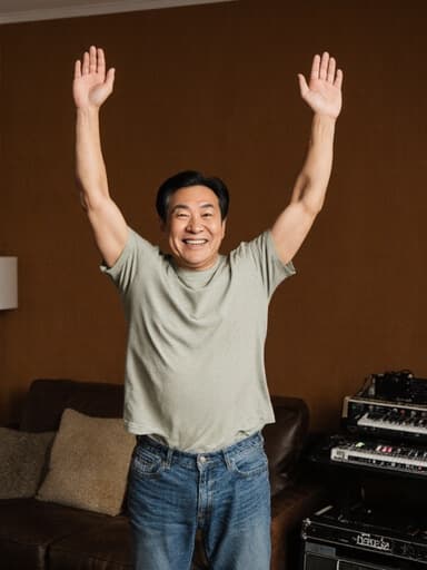 40대 동양인 남성이 편안한 티셔츠와 청바지를 입고 아늑한 거실에서 점프하며 손을 높이 들어올려 즐거운 감정을 표현하고 있습니다. 따뜻하고 행복한 분위기가 가득한 장면입니다.