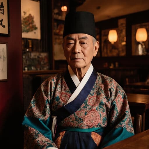 70대 아시아계 남성이 화려한 전통 한복을 입고 아늑한 카페의 나무 의자에 앉아 팔을 스트레칭하며 외로운 표정을 짓고 있습니다. 그를 둘러싼 따뜻한 색감과 전통적인 장식들이 그의 내향적인 분위기를 더욱 강조합니다.