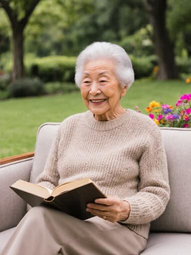 80대 아시아계 여성의 반신 샷. 편안한 니트 스웨터와 바지를 입고 소파에 앉아 친근한 미소를 지으며 책을 읽고 있습니다. 아름다운 공원이 배경으로 펼쳐져 있어 고요하고 매력적인 분위기를 자아냅니다.