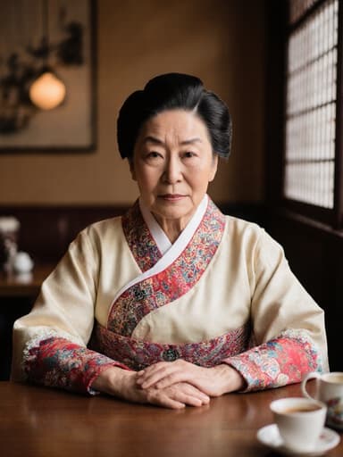 70대 혼혈 여성이 전통 한복을 입고 지루한 표정을 지으며 카페 테이블에 앉아 있는 반신 사진. 아늑한 카페 내부에서 전통 음악의 분위기를 느끼고 있습니다.