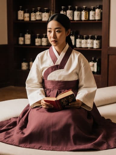 20대 아프리카계 여성의 반신 촬영으로, 전통 한복 스타일의 의상을 입고 있으며, 크로스 레그로 앉아 한의학 관련 서적을 들고 있습니다. 걱정스러운 표정을 짓고 있으며, 치료용 침대와 약재가 진열된 한의원 내부에서 촬영되어 주제에 대한 관심을 강조합니다.