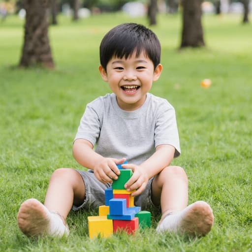 공원 잔디 위에 앉아 있는 7세 아시아계 남자 아이의 반신 사진으로, 편안한 티셔츠와 반바지를 입고 있으며, 다리를 뻗고 색색의 블록을 쌓으며 즐거운 표정을 짓고 있습니다. 푸른 잔디와 나무들로 둘러싸인 이 장면은 자연 속에서의 즐거운 놀이의 본질을 담고 있습니다.