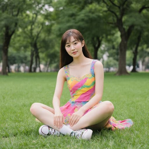 20대 한국인 여성의 자신감 넘치는 모습이 담긴 반신 사진입니다. 화려한 무대 의상과 트렌디한 운동화를 착용한 그녀는 크로스 레그로 앉아 몸을 살짝 앞으로 기울이며 춤을 추듯 포즈를 취하고 있으며, 푸릇한 풀밭과 나무들이 있는 공원이 배경을 이루어 활기찬 분위기를 자아냅니다.