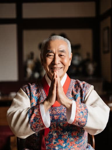 70대의 혼혈 남성이 화려한 한복을 입고 감사의 미소를 지으며 전통 춤을 준비하는 모습이 담긴 반신 촬영. 아늑한 카페 내부에는 전통 장식이 가득하다.