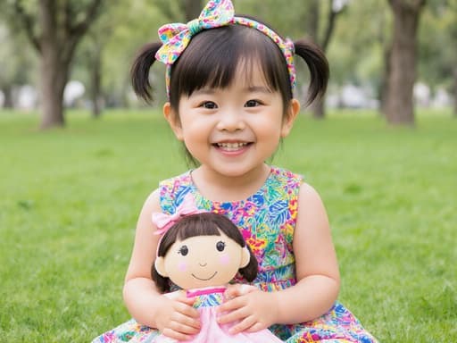 화려한 색상의 원피스와 리본이 달린 헤어밴드를 착용한 귀여운 3세 아시아계 여아의 반신 촬영입니다. 그녀는 공원의 푸른 잔디 위에 앉아 인형을 두 손으로 꼭 쥐고 즐겁게 미소짓고 있습니다. 배경은 무성한 나무들로 이루어져 있어 그녀의 행복한 표정과 잘 어울리는 즐겁고 장난스러운 분위기를 만들어냅니다.