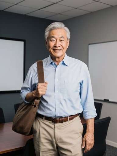 60대 동양인 남성이 현대적인 회의실에서 편안한 셔츠와 캐주얼한 바지를 입고 서 있습니다. 그는 가방의 스트랩을 한 손으로 잡고 자유로운 표정을 지으며 자신감을 드러내고 있습니다. 배경에는 화이트보드와 화면이 있어 전문적인 분위기를 더하고 있습니다.