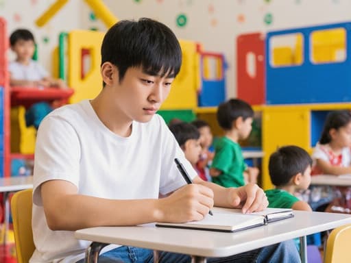 20대 아시아계 남성이 편안한 티셔츠와 청바지를 입고, 긴장한 표정으로 책상에 앉아 노트를 열고 글을 쓰고 있습니다. 배경은 아이들이 놀고 있는 밝고 활기찬 유치원 교실로, 그의 집중과 주변의 즐거운 에너지가 대조를 이루고 있습니다.