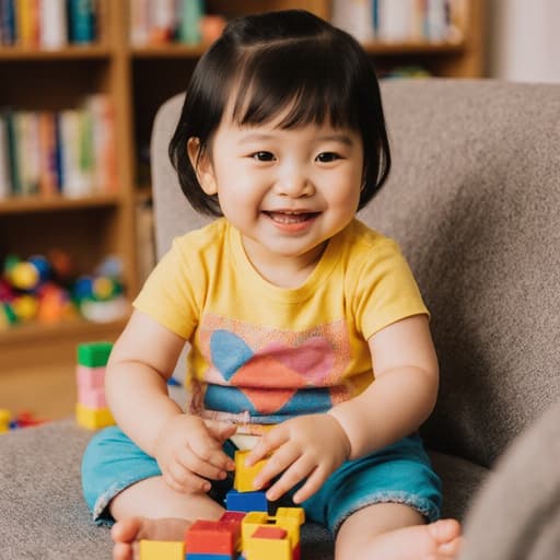 화사한 색상의 티셔츠와 편안한 바지를 입은 귀여운 1세의 동양인 여아가 소파에 앉아 즐겁게 블록을 쌓고 있는 모습으로, 장난감과 책들이 어지럽혀진 아늑한 거실에서 아이의 학습 환경을 잘 보여줍니다.