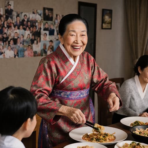 이 이미지는 70대 한국인 여성이 화려한 전통 한복을 입고 따뜻하게 미소 지으며 아늑한 거실에서 가족 사진과 요리 재료가 놓인 테이블을 배경으로 즐겁게 춤추고 있는 모습입니다. 따뜻하고 초대하는 분위기를 자아냅니다.
