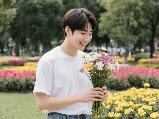아름다운 공원의 꽃밭에서 꽃다발을 들고 활짝 웃고 있는 10대 후반의 한국인 남성, 편안한 티셔츠와 청바지를 입고 있습니다.