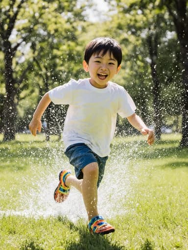 7세 아시아계 남성이 밝고 건강한 외모로 편안한 반팔 티셔츠와 반바지를 입고, 색색의 샌들을 신고 있는 모습이 풀바디 샷으로 포착되었습니다. 그는 햇살이 잘 드는 공원에서 물을 튀기며 신나게 달려가고 있으며, 초록의 잔디와 나무들로 둘러싸인 즐겁고 에너지가 넘치는 여름 놀이의 분위기를 자아내고 있습니다.