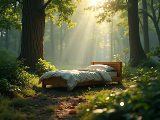 아침 이슬이 반짝이는 잎사귀 속 평화로운 숲 속에 있는 싱글 침대, 나무를 통과하는 부드러운 자연광이 차분하고 신선한 분위기를 만들어냅니다.
