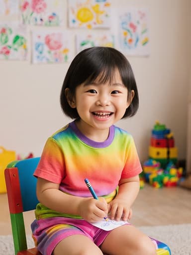 아늑한 거실에 앉아 있는 3세 아시아계 소녀의 매력적인 반신 사진. 그녀는 화사한 티셔츠와 반바지를 입고 크레파스로 그림을 그리며 귀여운 미소를 지으며 주변에 걸린 자신의 그림과 흩어져 있는 장난감들 속에서 놀고 있는 모습을 담고 있습니다.