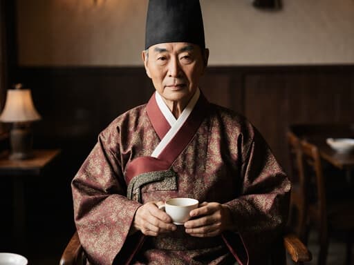 이 이미지는 전통 한복을 입은 80대 혼혈 남성이 아늑한 전통 카페에 앉아 있는 모습을 담고 있습니다. 그는 손에 차잔을 들고 편안하고 온화한 표정을 지으며, 나무 가구와 따뜻한 조명이 어우러진 배경 속에서 차분하고 편안한 분위기를 자아냅니다.